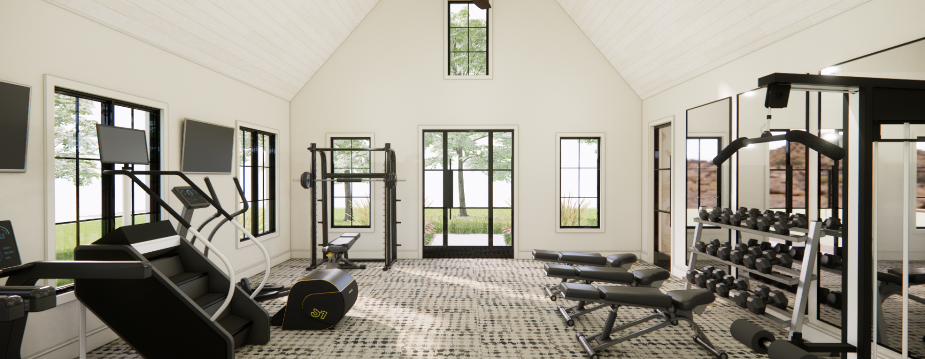 Fitness Center with weights, benches and a stair stepper