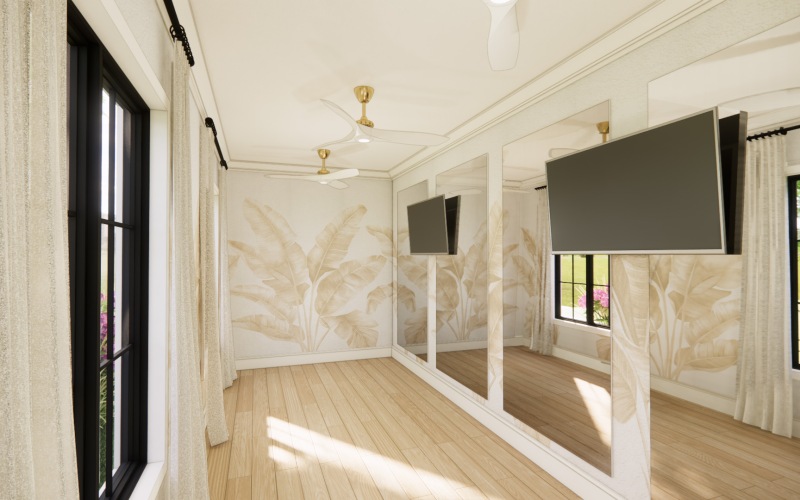 Yoga studio with windows, mirrors, and tvs